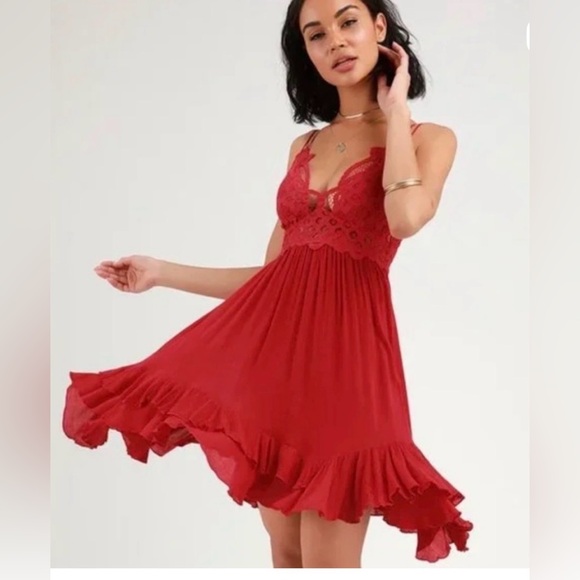 Free People Dresses & Skirts - Free People Adella Red Lace Dress Boho SZ XL Beach Peasant Red Lace-Trim Swing